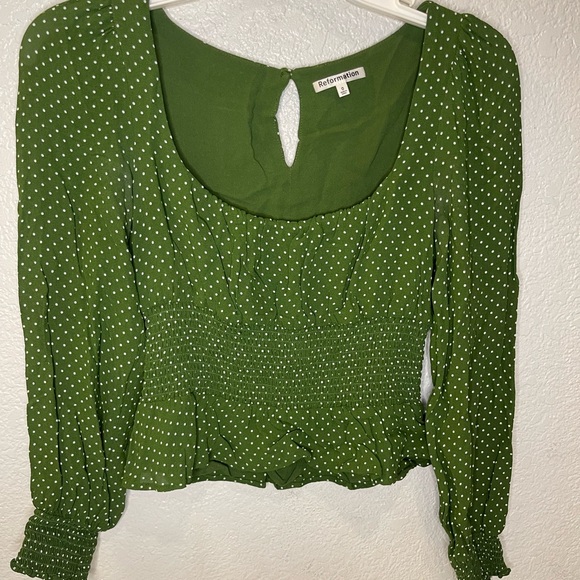 Reformation size 0 Peat Green Polka Dot Blouse - Picture 5 of 8